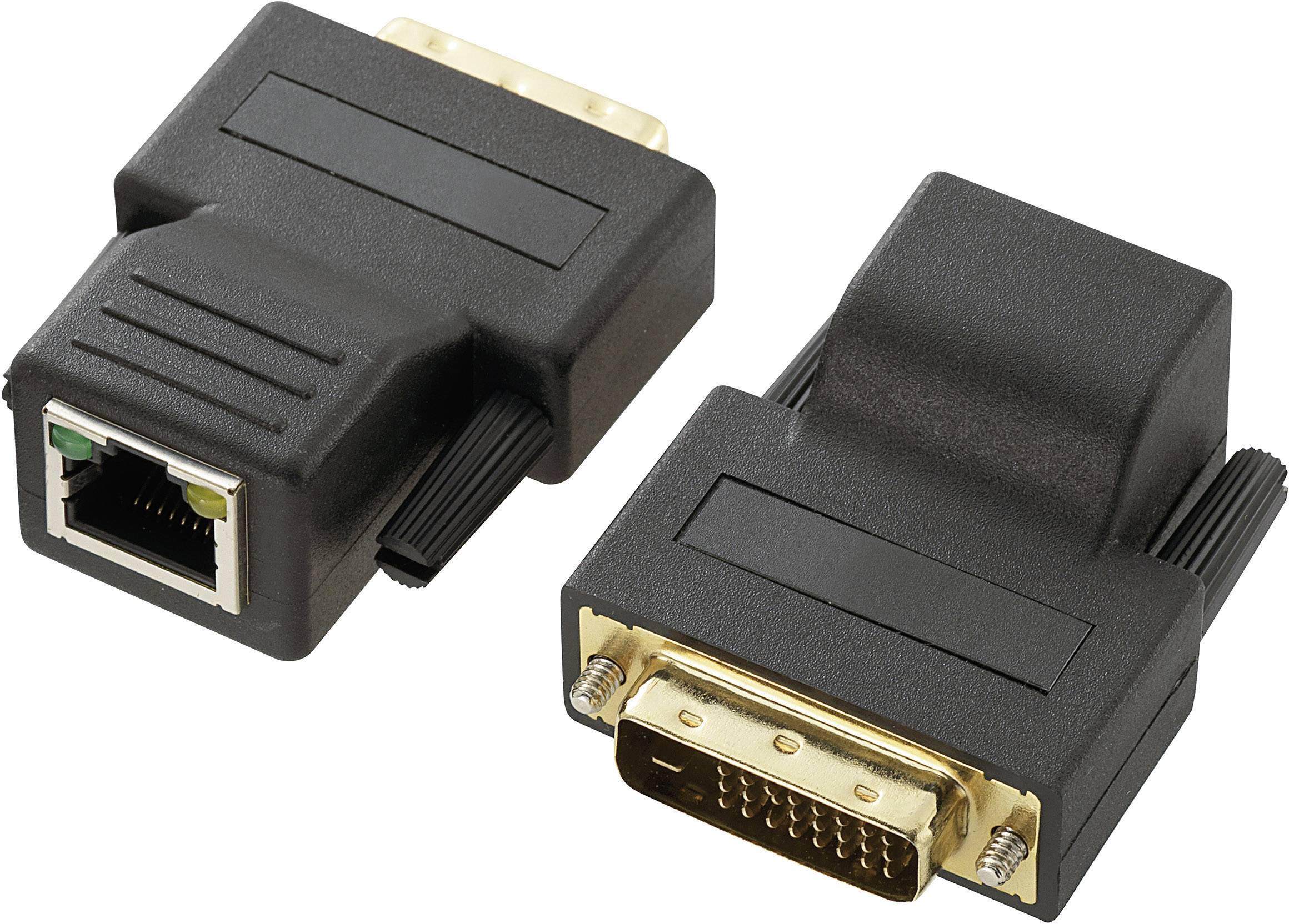 Deux adaptateurs noirs, l'un avec une connexion RJ45 et l'autre avec une connexion DVI, sont posés côte à côte sur une surface blanche.