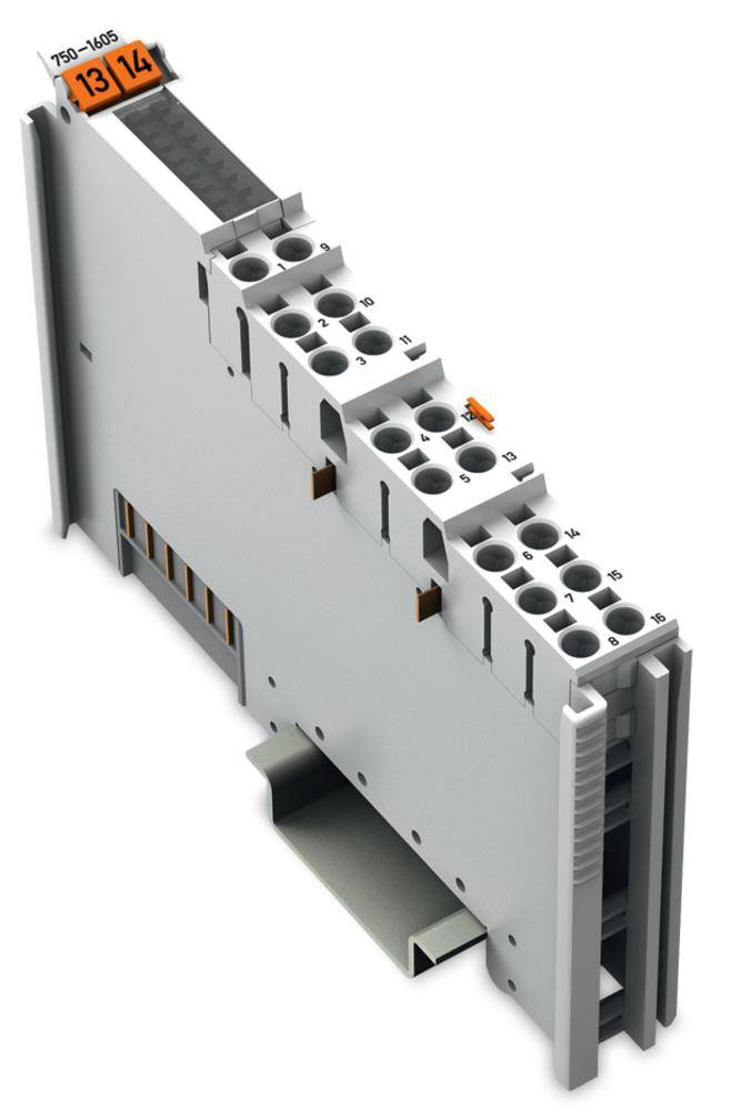 Module électronique gris avec plusieurs bornes de connexion, marqué '13/14'. Il est adapté aux applications industrielles ou électriques.