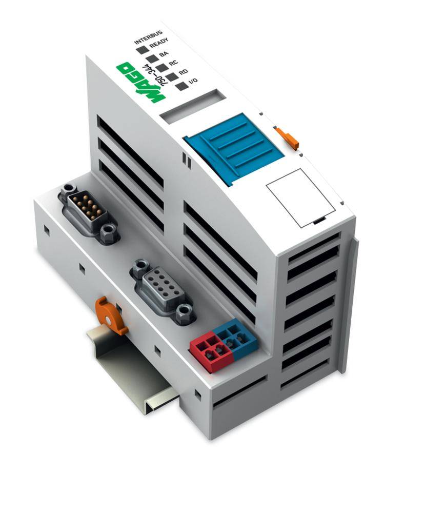 Un dispositif modulaire blanc avec des connexions enfichables et des bornes de couleur, monté sur un rail DIN, probablement destiné à des applications industrielles.