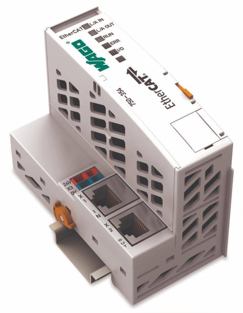 Module EtherCAT avec deux ports Ethernet, marqués 'EtherCAT IN' et 'EtherCAT OUT'. Le logo du fabricant et les inscriptions sont visibles.