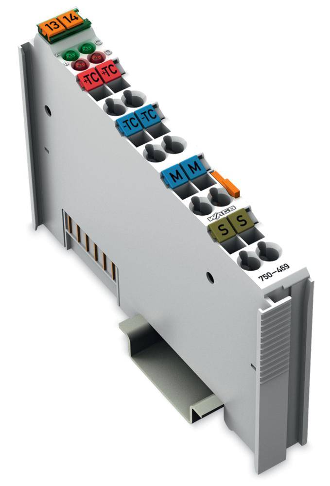 Borne d'électronique industrielle avec des connexions colorées, étiquetée '13', '14', 'TC', 'M', montée dans un boîtier gris.