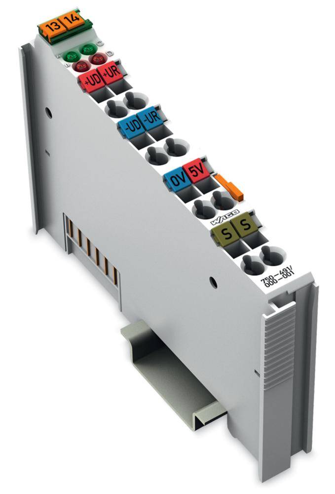 Un module d'entrée numérique avec plusieurs bornes colorées pour la connexion de fils, étiquetées avec différentes tensions.