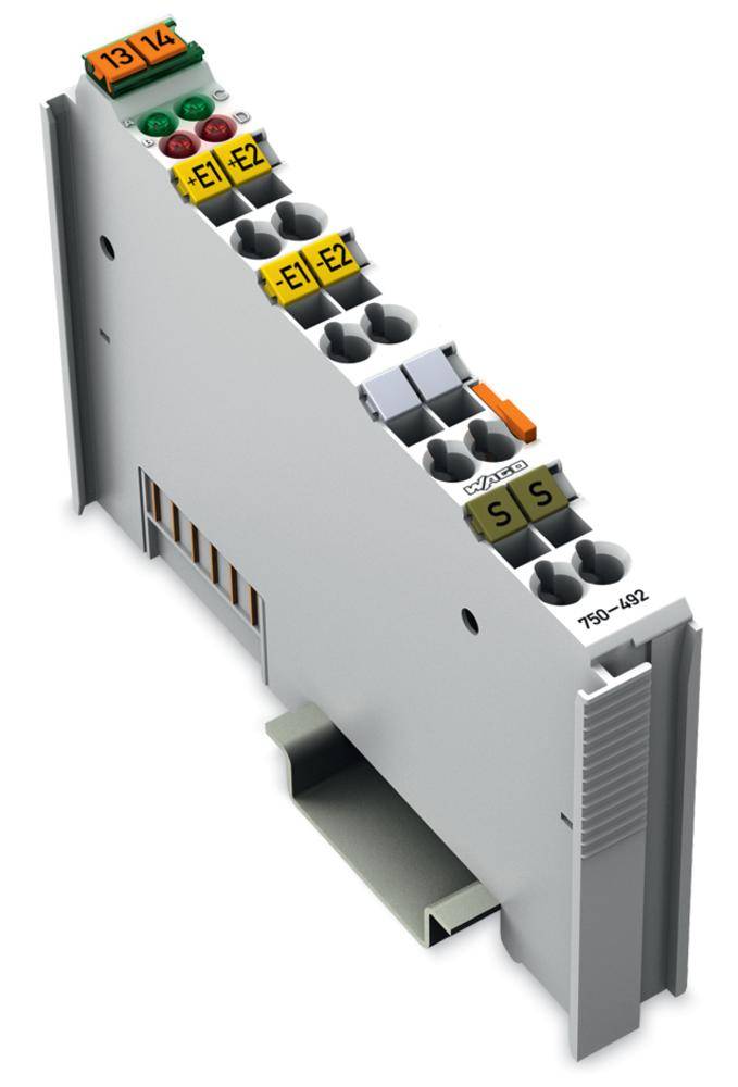 Un module électronique avec plusieurs connexions colorées, portant les étiquettes 'E1', 'E2', et un boîtier gris ; probablement destiné à des applications industrielles.
