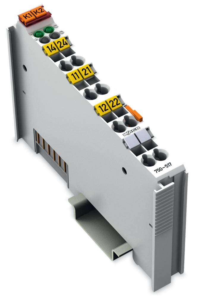 Un module électronique avec plusieurs bornes numérotées, marquées 'K1', 'K2', '14', '24', '11', '21', '12', '22', monté sur un rail DIN.