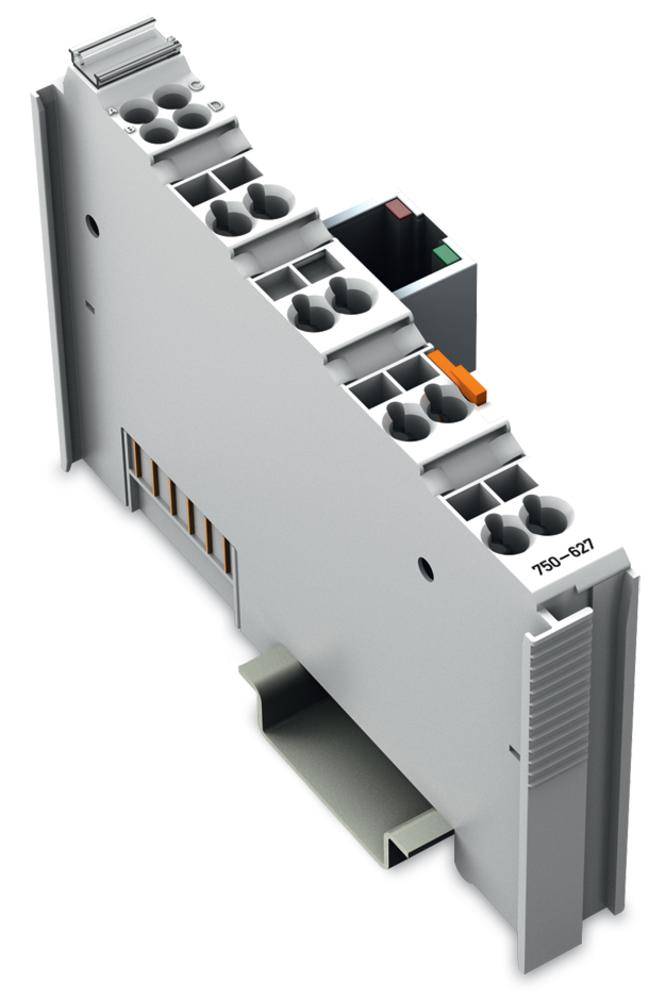 Un module électronique gris pour montage sur rail DIN, doté de plusieurs connexions de câbles, utilisé dans les dispositifs de commande électriques.