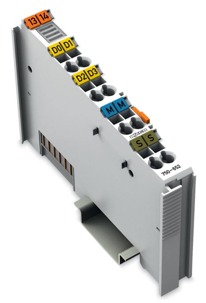 Module électronique gris-orange avec plusieurs bornes de connexion, numérotées et identifiées par des lettres.