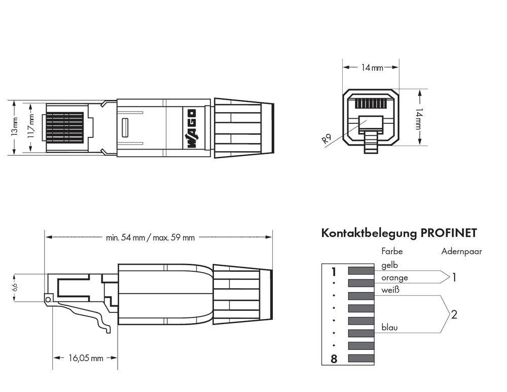Dessin technique d'une fiche Profinet avec indications sur l'affectation des contacts et les dimensions en millimètres.