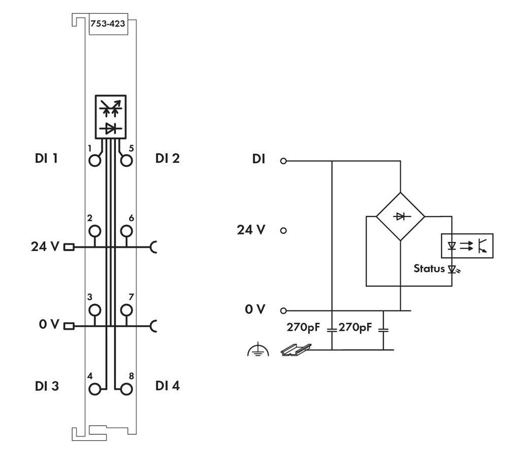 Schéma de câblage d'un dispositif électronique : À gauche, la barrette de connexion avec ses bornes, à droite le circuit interne avec des diodes et des condensateurs.