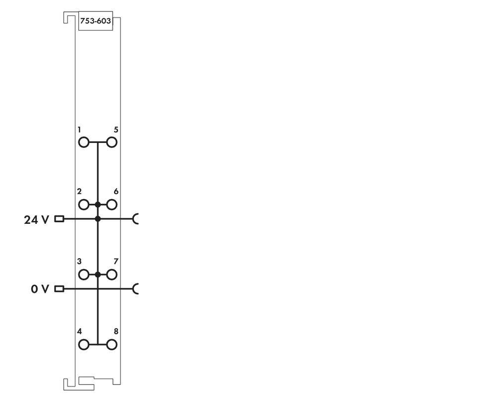 Le diagramme montre un circuit électrique avec deux lignes verticales, reliant des points de 1 à 8, marqués '24 V' et '0 V'.