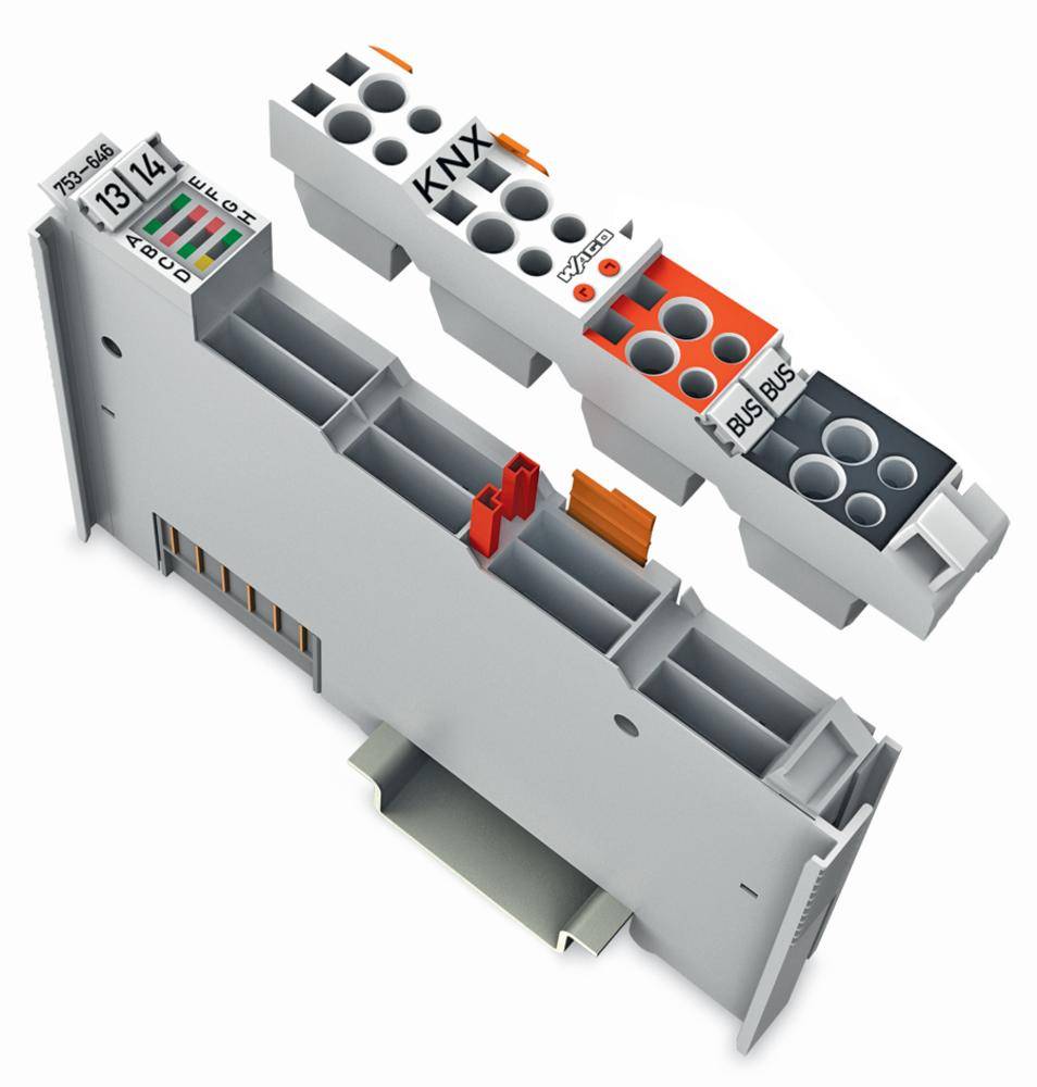 Module de raccordement de bus KNX, boîtier gris avec plusieurs connexions et étiquettes, illustrant la connectivité électrique.