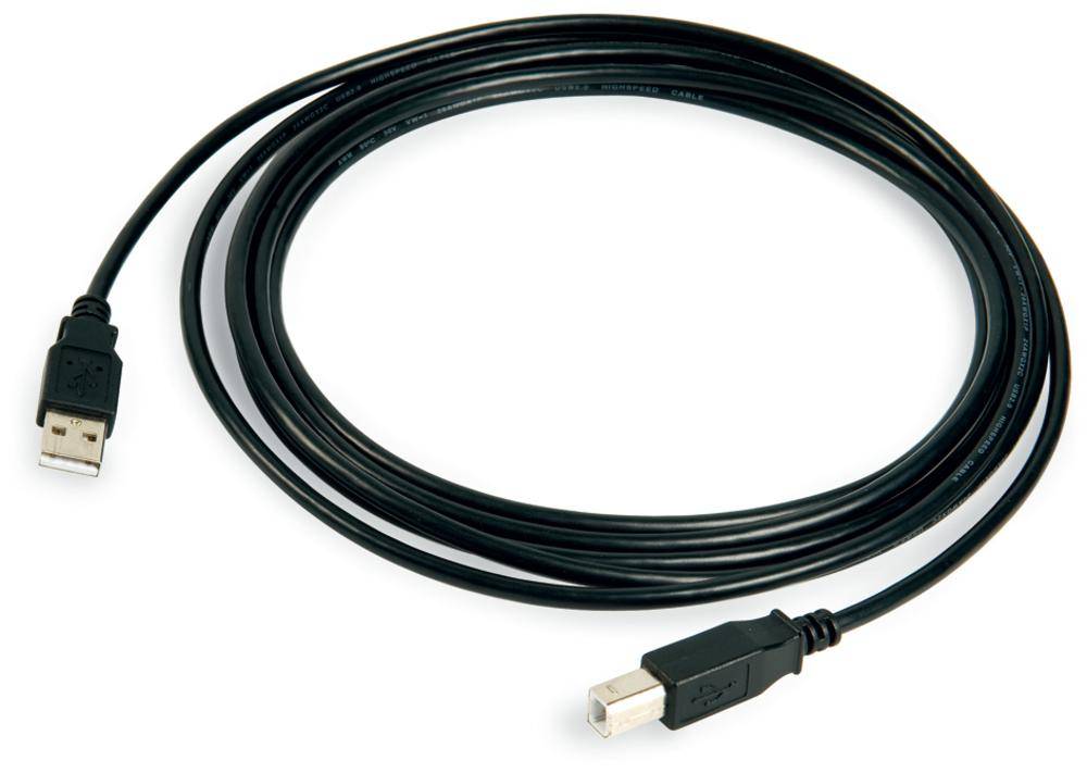 Un câble USB noir avec deux fiches, une fiche USB-A et une fiche USB-B, sur une surface blanche.