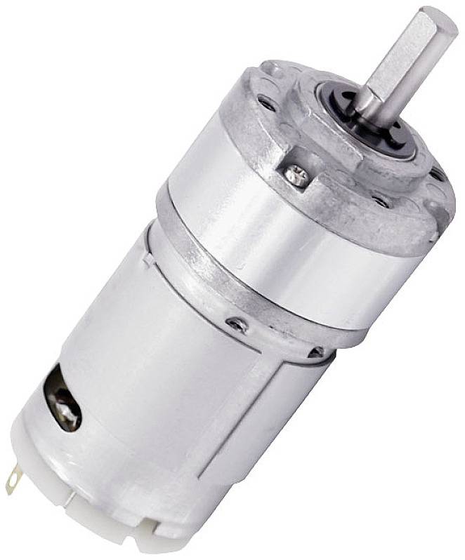 Un moteur électrique cylindrique dans un boîtier métallique avec arbre moteur visible, adapté aux applications techniques ou à la modélisation.