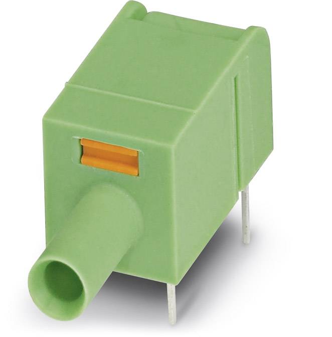 Un connecteur vert avec deux broches métalliques et un verrouillage orange, probablement destiné à des appareils électroniques.