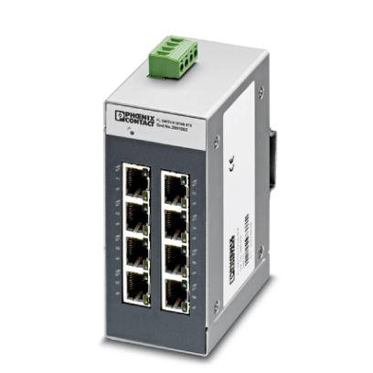 Un commutateur Ethernet industriel à huit ports, montable sur rail DIN, de la marque Phoenix Contact.