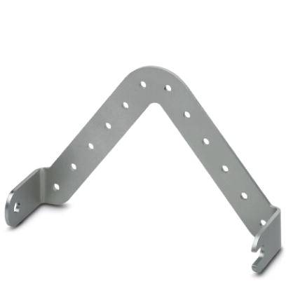 Équerre de fixation métallique en acier perforé, pliée en forme de L, utilisée pour la fixation ou la stabilisation de constructions.