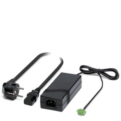 Un bloc d'alimentation noir avec une fiche européenne et une fiche d'appareil IEC, à côté d'un câble de connexion fin avec une fiche verte.