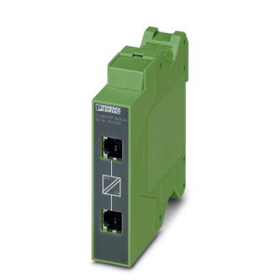 Composant électronique vert doté de deux ports Ethernet, utilisé pour la communication de données dans les réseaux industriels.