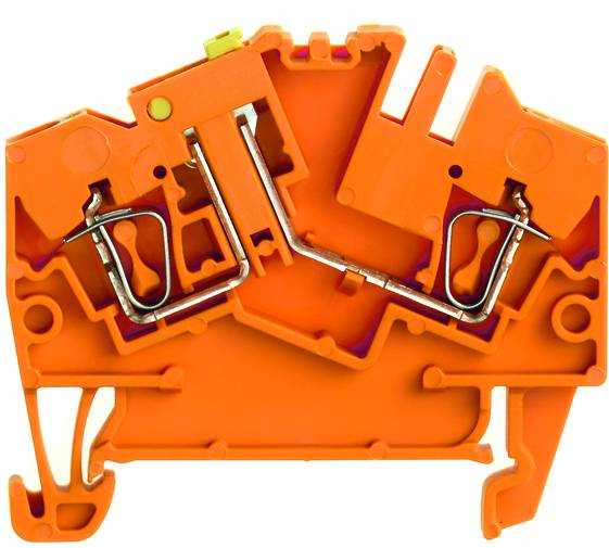 Un bloc de bornes électrique orange avec un mécanisme interne complexe et des attaches métalliques pour la fixation sécurisée des câbles.