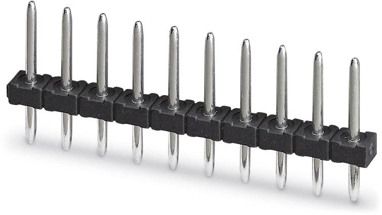 Connecteur à barrette à broches à une rangée avec dix broches métalliques et base en plastique noir. Utilisé pour connecter des composants électroniques.