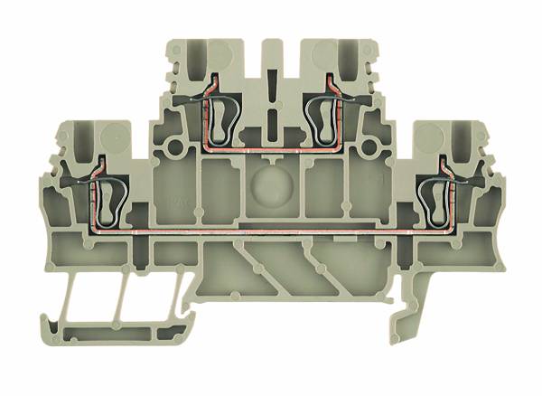 Coupe transversale d'un bloc de bornes à plusieurs niveaux en gris, montrant des connexions internes en cuivre et différents niveaux de câblage.