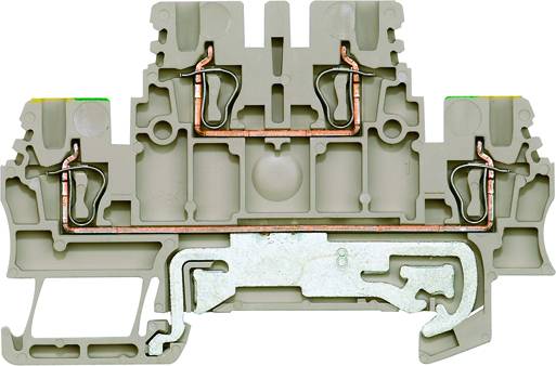 Un bloc de bornes électrique gris à plusieurs niveaux, équipé de conducteurs en cuivre, sert à connecter des circuits électriques dans des installations électriques.