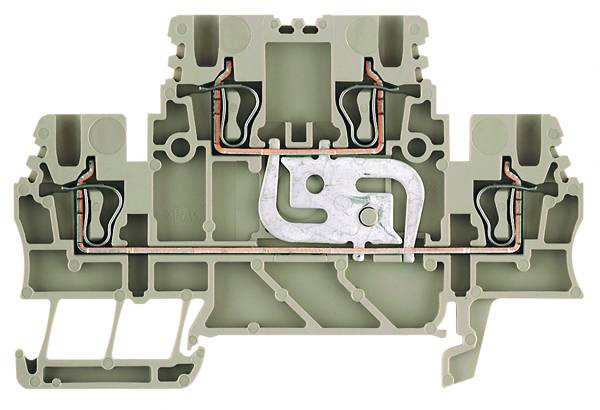 Coupe transversale d'un bloc de bornes à deux étages avec des connexions métalliques internes montrant le routage des conducteurs et les points de contact.
