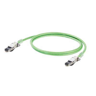 Câble réseau vert avec connecteurs aux deux extrémités, utilisé pour la transmission de données dans les réseaux informatiques.