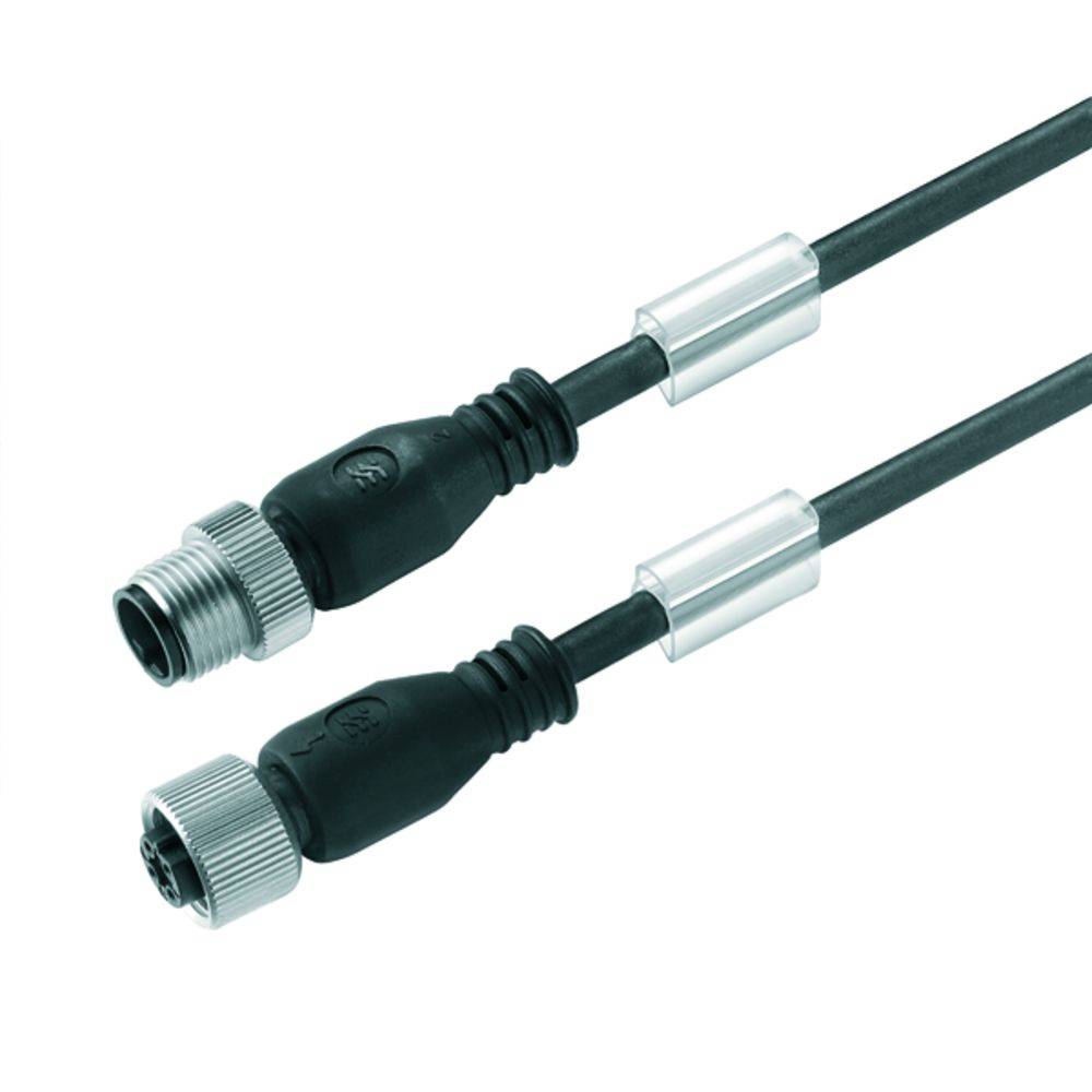Deux connexions enfichables noires avec des embouts métalliques, reliées par un câble. Idéal pour les appareils électriques.