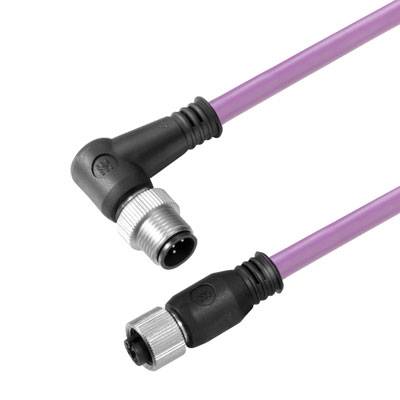 Câble coudé lilas avec fiche noire et filetage argenté, adapté aux applications techniques, sur fond blanc.