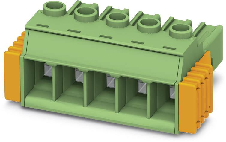Connecteur vert à quatre broches avec supports de clip orange des deux côtés, adapté aux applications électroniques.