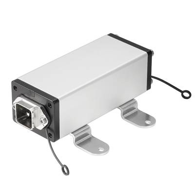 Composant électronique métallique de forme rectangulaire, doté d'œillets de fixation et d'une fiche de connexion, adapté aux applications techniques.