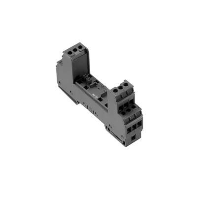 Rail en plastique noir avec plusieurs bornes de connexion pour les connexions électriques. Forme carrée avec des découpes.