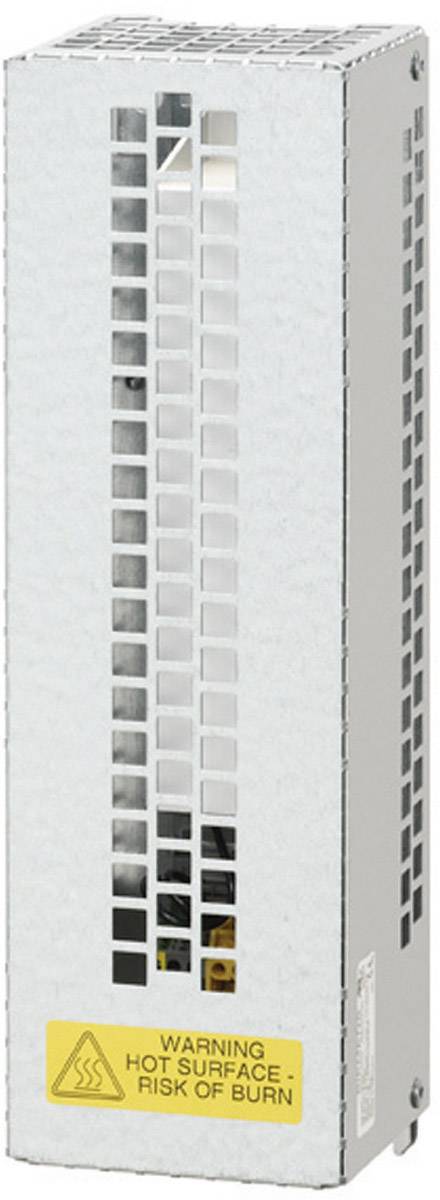 Radiateur gris, allongé, avec un motif quadrillé et un panneau d'avertissement jaune : « ATTENTION SURFACE CHAUDE RISQUE DE BRÛLURE ».