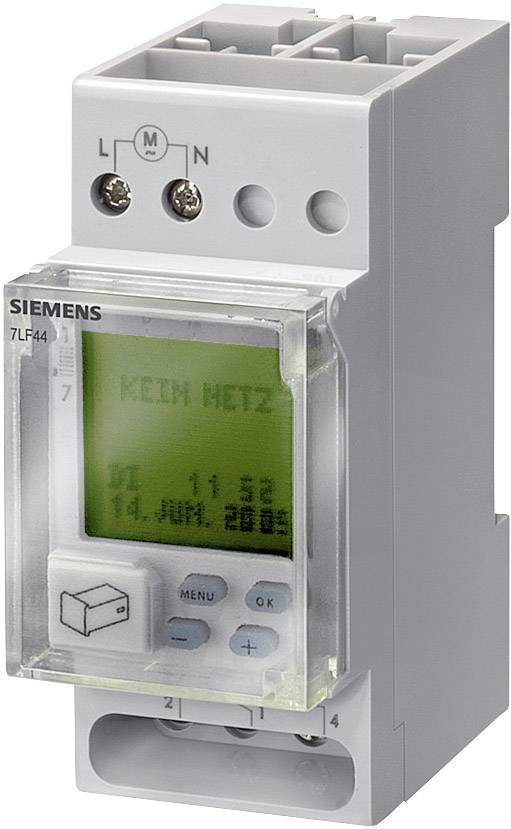Relais électronique Siemens à affichage pour le contrôle des commutations, avec un écran vert indiquant la date et l'heure.