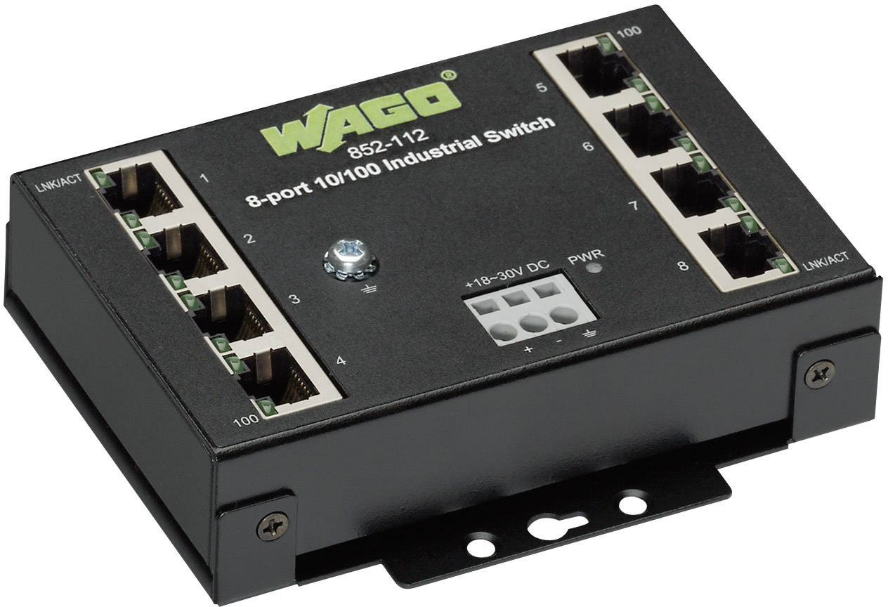 Un commutateur industriel 10/100 à 8 ports de WAGO, avec huit connexions Ethernet sur le devant, adapté aux applications industrielles.