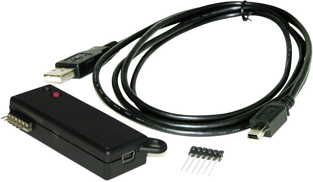 Un périphérique de programmation USB avec câble et connecteurs supplémentaires. Utilisé pour la connexion et la programmation d'appareils électroniques.