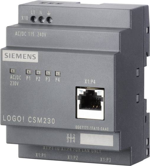 Un module Siemens LOGO! CSM230 gris avec connexion Ethernet et plusieurs voyants LED, utilisé pour la connectivité réseau dans les systèmes de contrôle industriels.