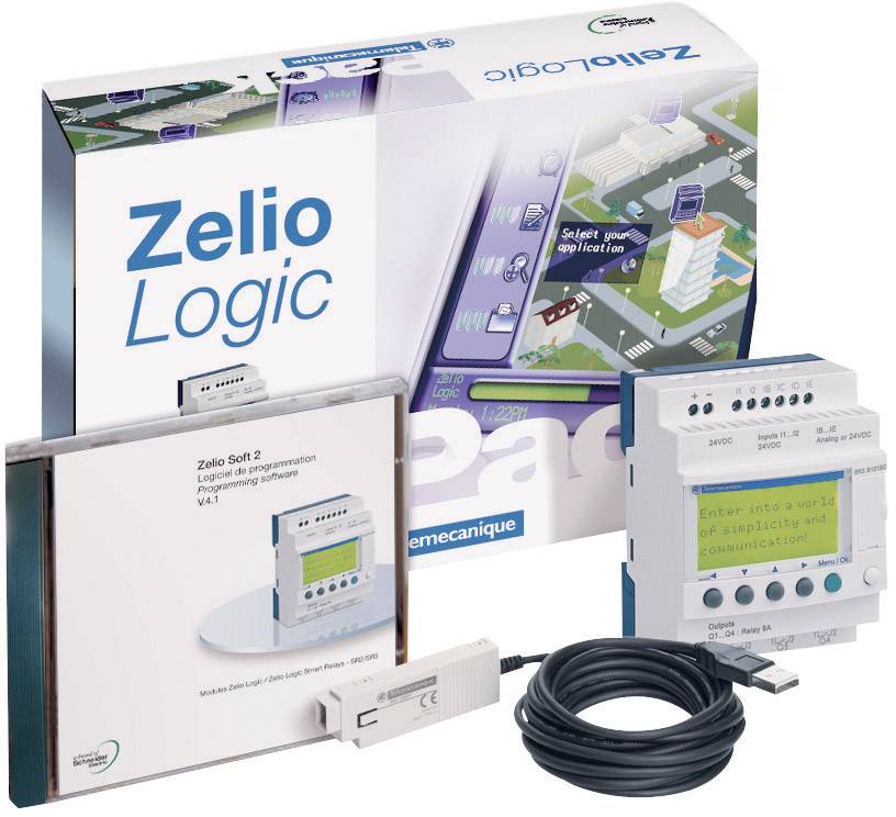 Coffret 'Zelio Logic' comprenant un module logique, un CD-ROM de logiciel, un câble USB et un manuel. Solutions d'automatisation au premier plan.