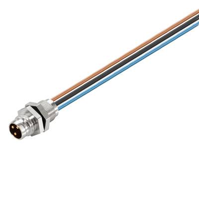 Connecteur avec trois fils de différentes couleurs : bleu, marron et noir. Adapté aux applications électroniques ou industrielles.