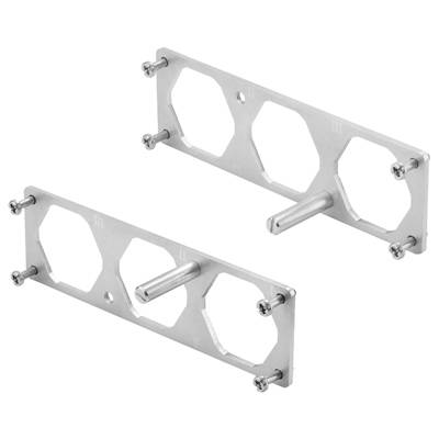 Deux supports métalliques avec des découpes hexagonales et des boulons, adaptés pour la fixation de composants.