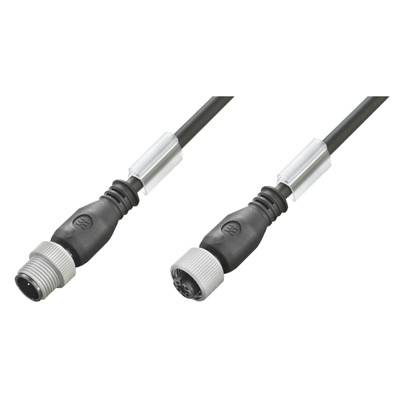 Câble de connexion noir avec connecteurs M12 aux deux extrémités, adapté aux applications industrielles et aux capteurs.