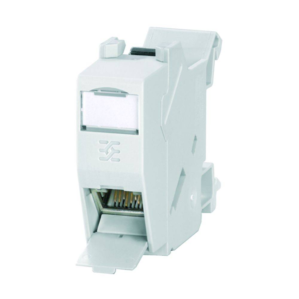 Un module de connexion réseau modulaire blanc avec son couvercle ouvert, révélant ses broches de connexion.