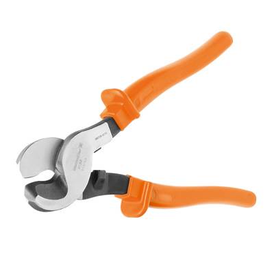 Coupe-câbles orange avec poignées ergonomiques et lames tranchantes, adapté à la coupe de câbles électriques.