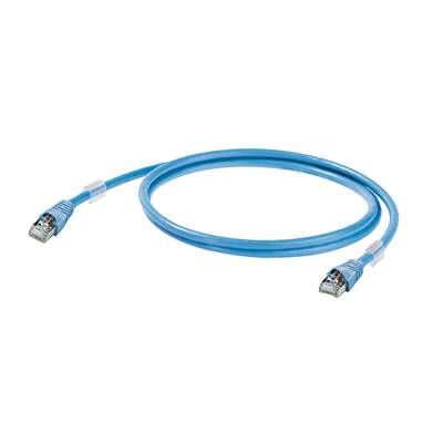Un câble Ethernet bleu avec deux connecteurs RJ45, utilisé pour les connexions réseau, est posé sur un fond blanc.