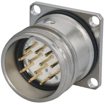 Connecteur métallique circulaire à broches dorées multiples, utilisé pour les connexions électriques dans les dispositifs techniques.
