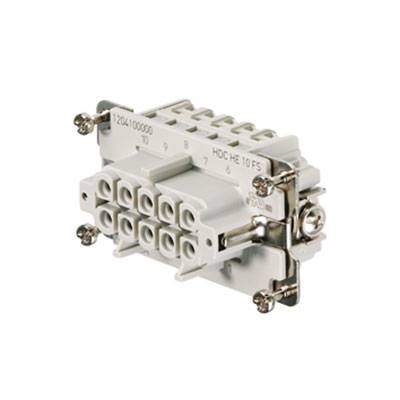 Connecteur rectangulaire à dix broches, boîtier gris et montage par vis sur support métallique.