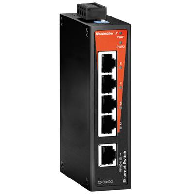 Un commutateur Ethernet noir avec cinq ports Ethernet et une barre de contrôle rouge sur le côté, portant l'inscription « Weidmüller ».