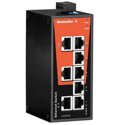 Un commutateur Ethernet noir de Weidmüller avec huit ports Ethernet et deux LED d'alimentation (PWR1 et PWR2) sur la face avant.
