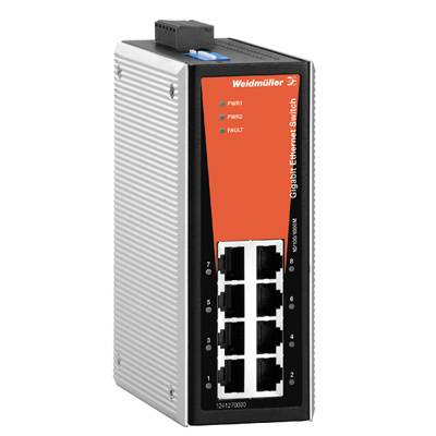 Un commutateur Ethernet industriel de Weidmüller avec huit ports et des voyants LED pour 'PWR1', 'PWR2' et 'FAULT/ALARM'.