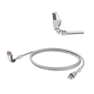 Un câble Ethernet gris avec une extrémité coudée, présenté dans sa longueur totale et un gros plan du connecteur angulaire en haut à droite.